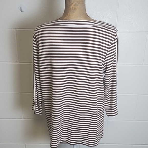 Blair Chocolate & White Striped Tee Shirt 3/4 Laced Sleeve Details - Picture 3 of 11